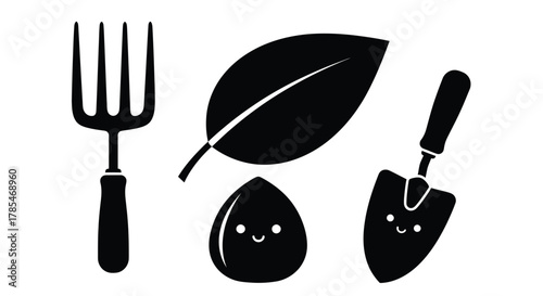 Gardening tools vector illustration garden fork leaf seed shovel black