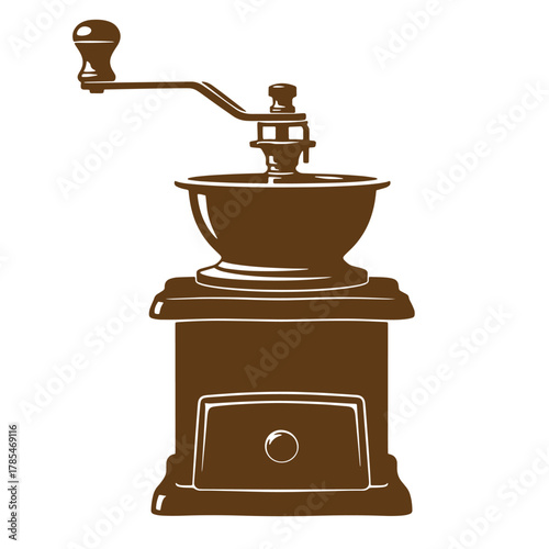 Vintage art illustration of a brown coffee grinder isolated on a white background