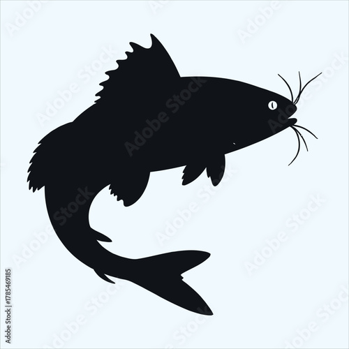 Silhouette of a catfish swimming isolated on white background