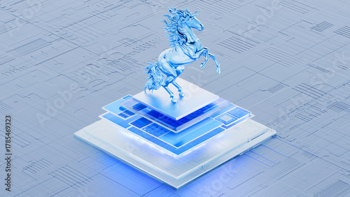 A galloping horse on a 3D rendered chip circuit board for the Year of the Horse.