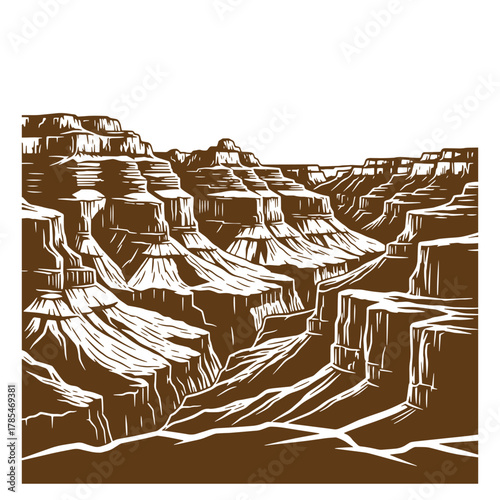 Dramatic vector illustration of the grand canyon depicted in a classic vintage art style