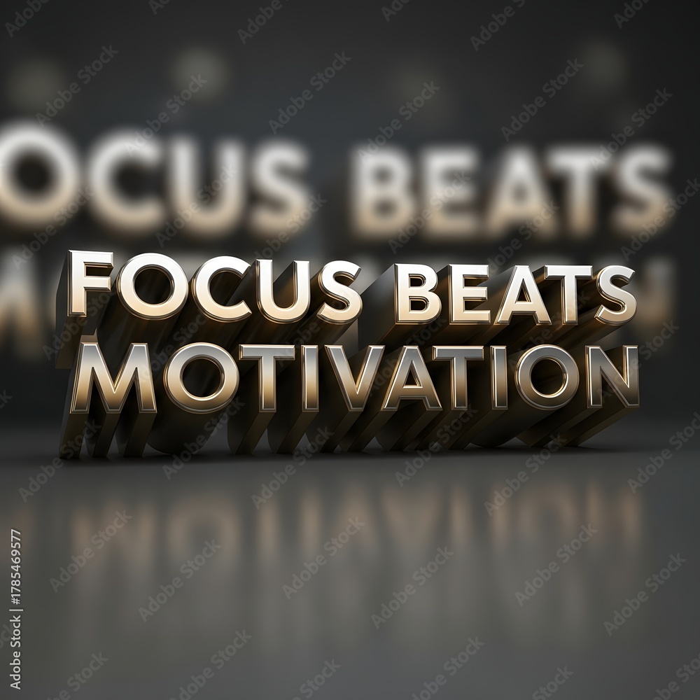 Three-dimensional metallic words displaying motivational phrases with reflections on a smooth surface in a modern digital art style