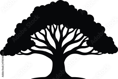 Beautiful large tree silhouette vector illustration with wide branches and dense foliage, perfect for nature, forest, and environmental design themes