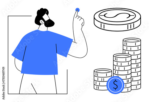 Man raising coin and stacks of money symbolize financial planning, investment, saving, budgeting, wealth management, earning potential, economic success. Ideal for finance, banking and business