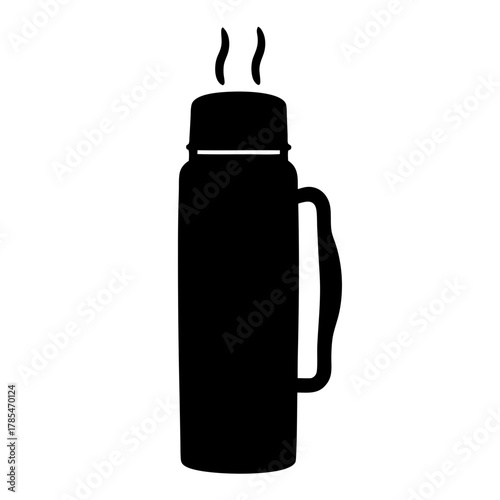 A sleek black thermos with steam rising for hot beverage enjoyment