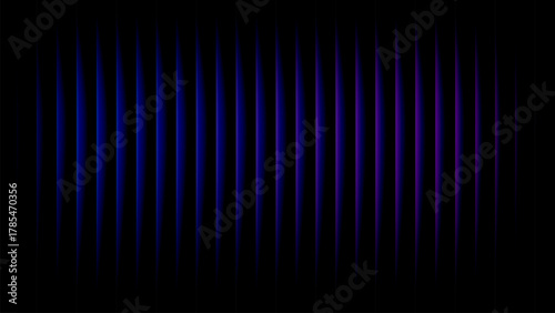 Ultrawide wavy glass stripes in blue-to-violet gradient on black, neon tapered columns abstract banner background