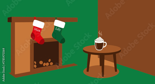 Cozy Christmas evening by a warm fireplace, with festive stockings and a steaming mug of hot chocolate