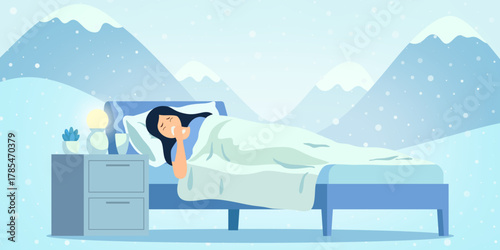 Vector illustration of a woman resting in bed during winter, surrounded by snow-covered mountains, suggesting illness or cold symptoms, with a cozy bedroom and soft lighting.