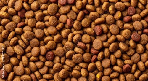 Food for animals background. Dry cat and dog food texture, pattern. Pet meal background close up. Dry food for pet dogs and cats. Dried pet food top view. Granules of good nutrition for dogs and cats