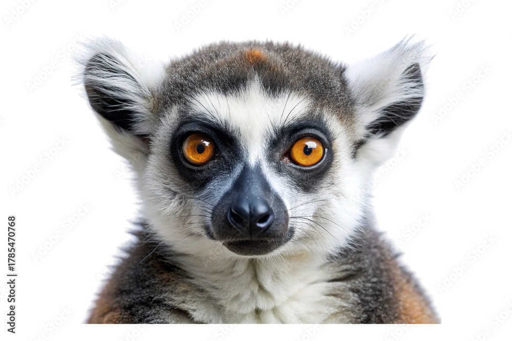 Naklejka premium Close up portrait of a ring tailed lemur with striking orange eyes isolated on transparent background
