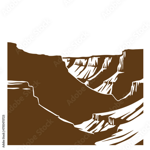 Simple brown and white vector illustration of the grand canyon national park in a vintage art style