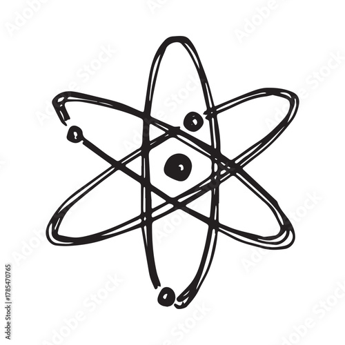 Hand drawn atom sign Molecule clipart in doodle style Single element for print, web, design, decor Symbol of science, education, nuclear energy, scientific research, molecular chemistry