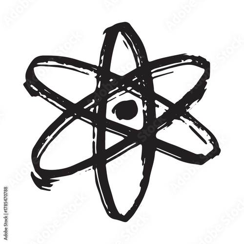 Hand drawn atom sign Molecule clipart in doodle style Single element for print, web, design, decor Symbol of science, education, nuclear energy, scientific research, molecular chemistry