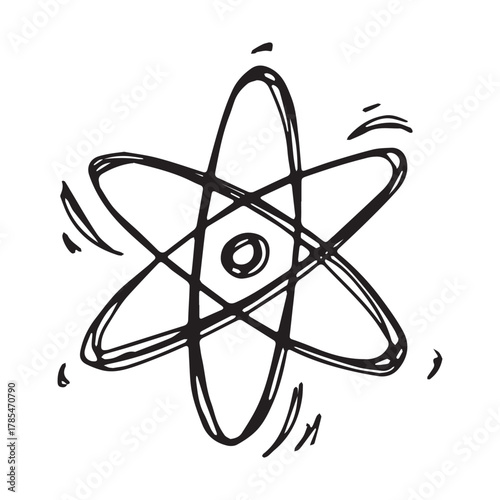 Hand drawn atom sign Molecule clipart in doodle style Single element for print, web, design, decor Symbol of science, education, nuclear energy, scientific research, molecular chemistry