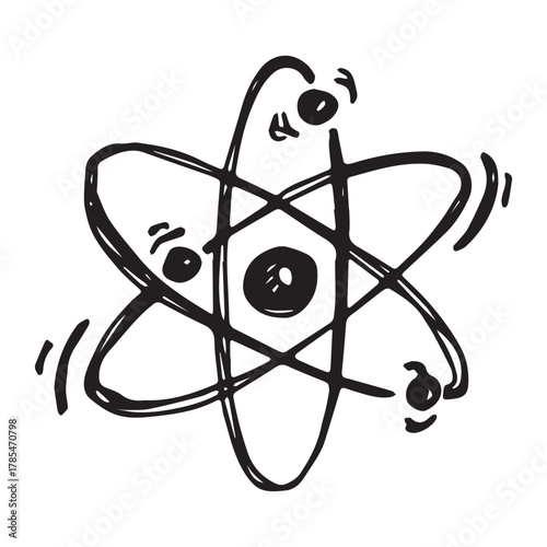 Hand drawn atom sign Molecule clipart in doodle style Single element for print, web, design, decor Symbol of science, education, nuclear energy, scientific research, molecular chemistry