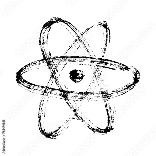 Hand drawn atom sign Molecule clipart in doodle style Single element for print, web, design, decor Symbol of science, education, nuclear energy, scientific research, molecular chemistry
