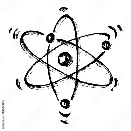 Hand drawn atom sign Molecule clipart in doodle style Single element for print, web, design, decor Symbol of science, education, nuclear energy, scientific research, molecular chemistry