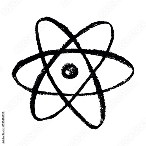 Hand drawn atom sign Molecule clipart in doodle style Single element for print, web, design, decor Symbol of science, education, nuclear energy, scientific research, molecular chemistry
