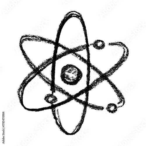 Hand drawn atom sign Molecule clipart in doodle style Single element for print, web, design, decor Symbol of science, education, nuclear energy, scientific research, molecular chemistry