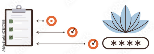 Clipboard with a checklist, progress flow, checkmarks, lotus, and password fields. Ideal for productivity, workflow, goal-setting, organization security mindfulness or simple flat metaphor