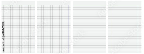 set of blank sheets of lined, grid, or graph paper for office, school notebook, and for sketching and writing on transparent background, vector illustration