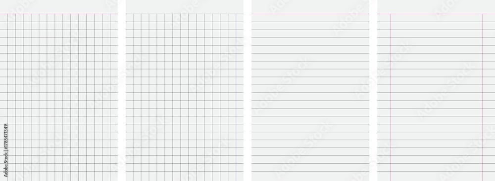 set of blank sheets of lined, grid, or graph paper for office, school notebook, and for sketching and writing on transparent background, vector illustration