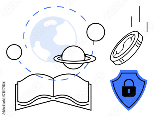 Open book near planets and globe, coin in motion, and secure shield represent learning, finance, and protection. Ideal for education, global outreach, technology, finance security data