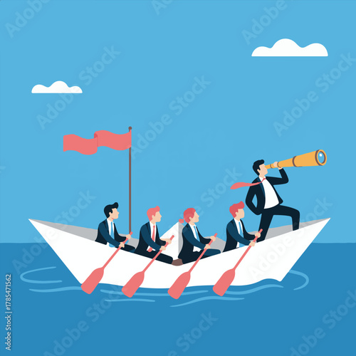 Business Team Leadership and Vision Concept Vector,Corporate Team Rowing Boat Illustration,Teamwork and Leadership in Business Vector Art,Business People on Paper Boat with Leader Illustra.