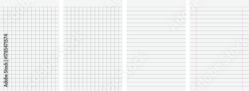 set of blank sheets of lined, grid, or graph paper for office, school notebook, and for sketching and writing on transparent background, vector illustration