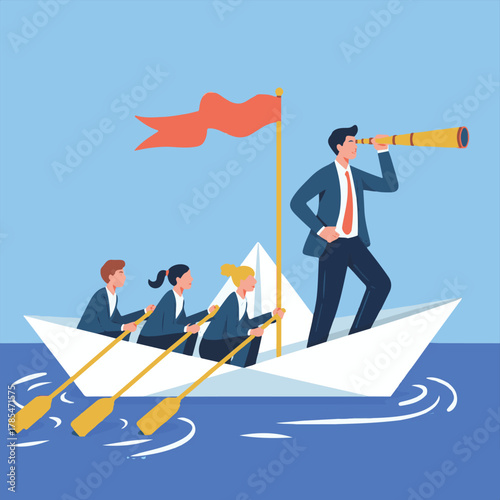 Business Team Leadership and Vision Concept Vector,Corporate Team Rowing Boat Illustration,Teamwork and Leadership in Business Vector Art,Business People on Paper Boat with Leader Illustra.