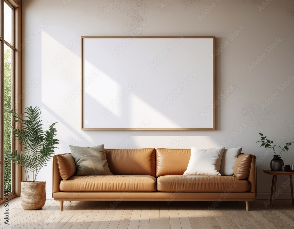 Fototapeta premium Blank Poster Frame Mockup on Scandinavian Wall: Natural Light & Minimalist Living Room Interior