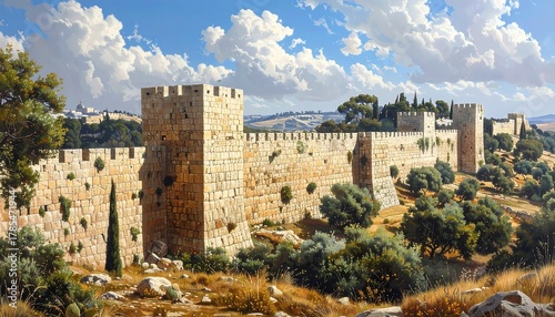 Ancient City Wall Under Cloudy Sky Painting, Historical Architecture Scene