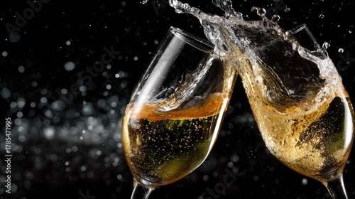 Cheers to Celebration with Sparkling Wine Glasses Clinking and Splashing on a Dark Background