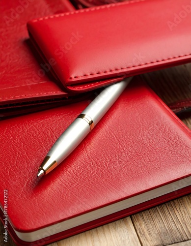 Red leather items stacked with a silver pen, on a wooden surface
