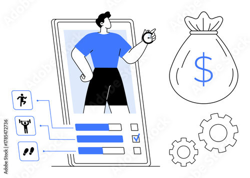 Man assessing fitness progress on app, health icons, money bag, gears. Ideal for wellness, productivity, financial planning, self-improvement, fitness goals goal setting simple flat metaphor