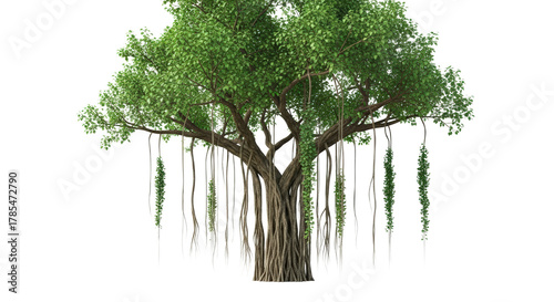 Ancient Banyan Tree With Hanging Roots And Lush Green Foliage isolated on Transparent Background