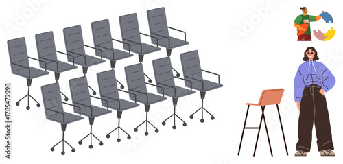 Rows of office chairs, a figure interacting with puzzle pieces, and a stylish individual by a high chair. Ideal for teamwork, collaboration, interior design, workspace planning, diversity