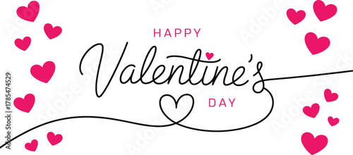 Happy Valentine’s Day Minimal Typography Design with Heart Line Art and Pink Love Elements