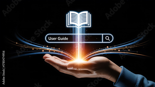 Hand Holding Open User Guide Book Icon with Search Bar and Light Streaks manual handbook