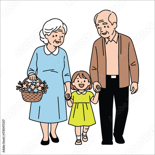 Grandparents and granddaughter walking with flower basket Keywords: family, grandparents