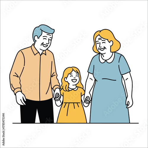 Happy grandparents and granddaughter holding hands smiling Keywords: family, grandparents