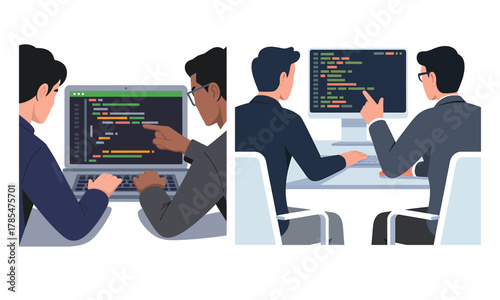 Software developers collaborating on code, programming and development teamwork