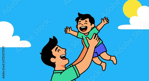 A cartoon illustration of a father holding his son up in the air with a blue sky background scene