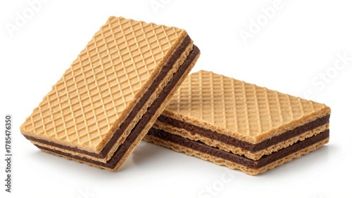 Two chocolate cream filled wafer cookies isolated on white background
