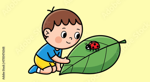 A cartoon boy looking at a ladybug on a green leaf with a light yellow background illustration art