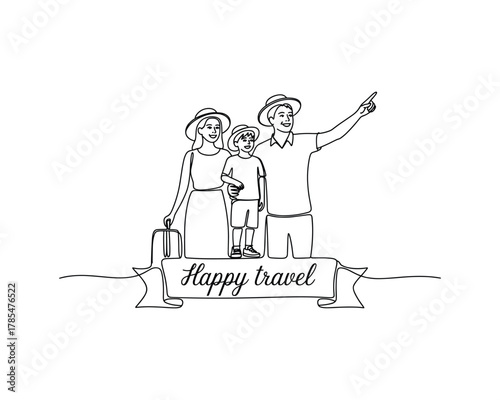 Family with child and luggage pointing at something line ar illustration