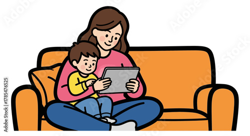 Cartoon illustration of a mother and child using a tablet on an orange couch together happily inside