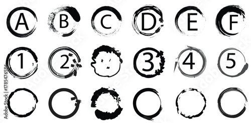 Vector Set of Grunge Circles with Black Brushstrokes, Letters, and Numbers for Design Elements
