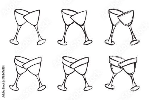 Set of hand drawn wine glasses clinking together Alcohol drink clipart in doodle style Single element for print, web, design, decor Happy New Year
