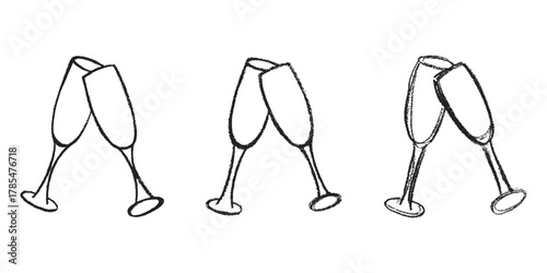Set of hand drawn champagne glass Alcohol drink clipart in doodle style Single element for print, web, design, decor Happy New Year